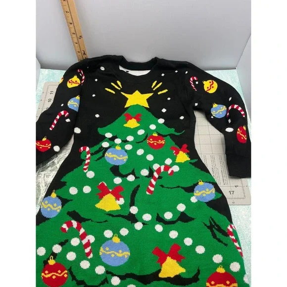 Girls Christmas Tree Sweater Dress Black Knit Long Sleeve Holiday Size M - Picture 3 of 8